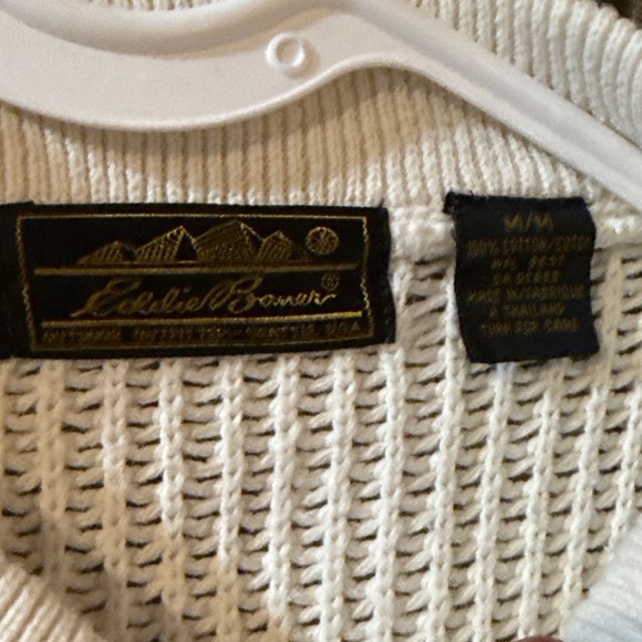 VINTAGE Eddie Bauer Sweater Henley Cream Ribbed Fisherman Crewneck Knit 80s - Picture 2 of 8